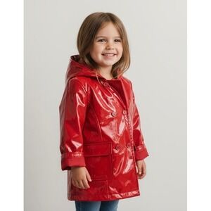 The Childrens Place Red Shiny Hooded Raincoat Jacket Girls Size 5/6‎